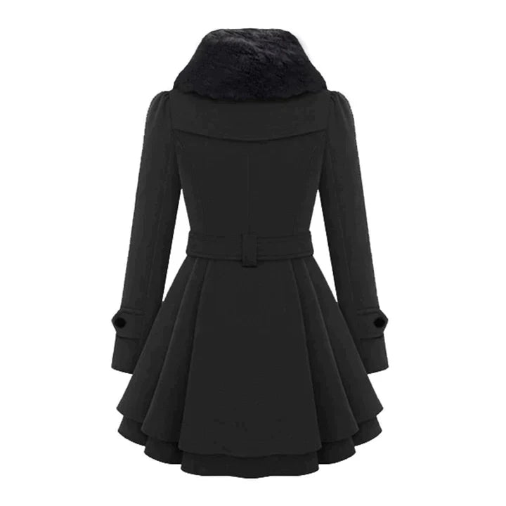 Women's Double-Breasted Faux Fur Collar Belted Flared Coat, Elegant Style-82347-c6bc08d7-1c9c-405c-853d-90d99968dff7