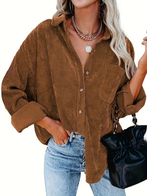 Women's Corduroy Button-Down Shirt-Jacket – Relaxed Fit, Chest Pocket, Beige, Brown, Pink, Black, Red, Teal-81390-cbee9933-06ec-4da0-a749-4a6169faaf55