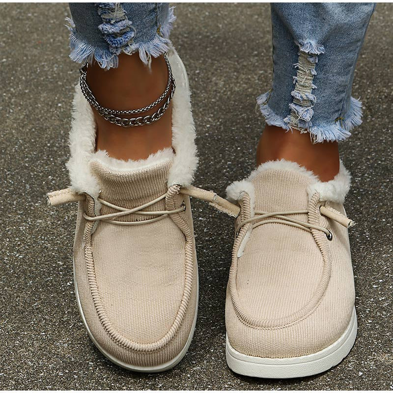 Women's Corduroy Lace-Up Shoes – Faux Fur Lined, Rubber Sole, Casual Style-82593-ccfb85ac-1944-4996-8882-56559dc670b0