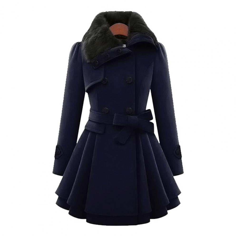 Women's Double-Breasted Faux Fur Collar Belted Flared Coat, Elegant Style-82347-d3a8113f-99a9-4977-8437-6e8abedad80e