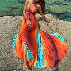 Women's Silk Maxi Dress, Orange Gradient, Waist Cut-Out-83195-d768446c-b974-4330-ad42-7df7d0eaeb26