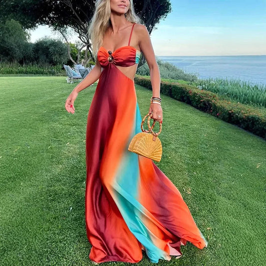 Women's Silk Maxi Dress, Orange Gradient, Waist Cut-Out-83195-daaadc6a-c421-4b63-b7de-947e559abd01