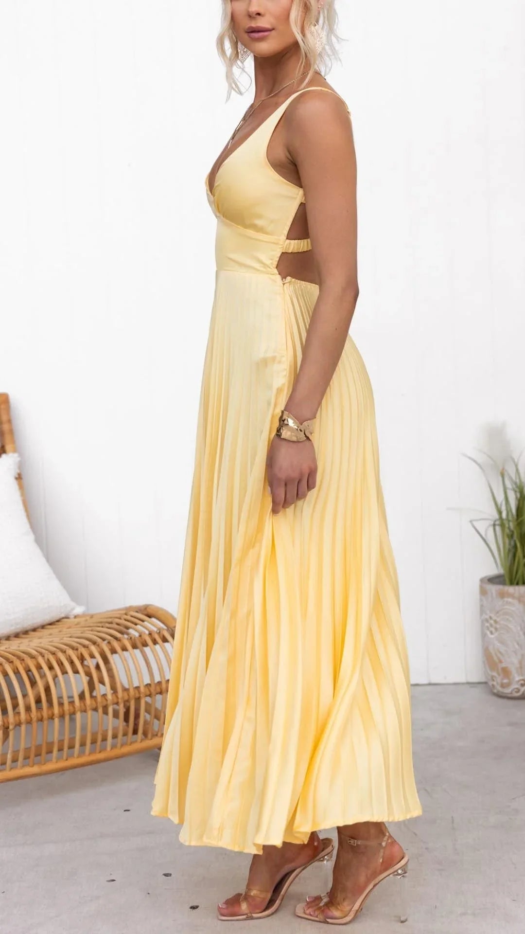 Women's Yellow Pleated Maxi Dress – V-Neck, Thin Straps, Lightweight-83170-dfa2b4e0-0582-45f9-b7e1-193c326c3bab