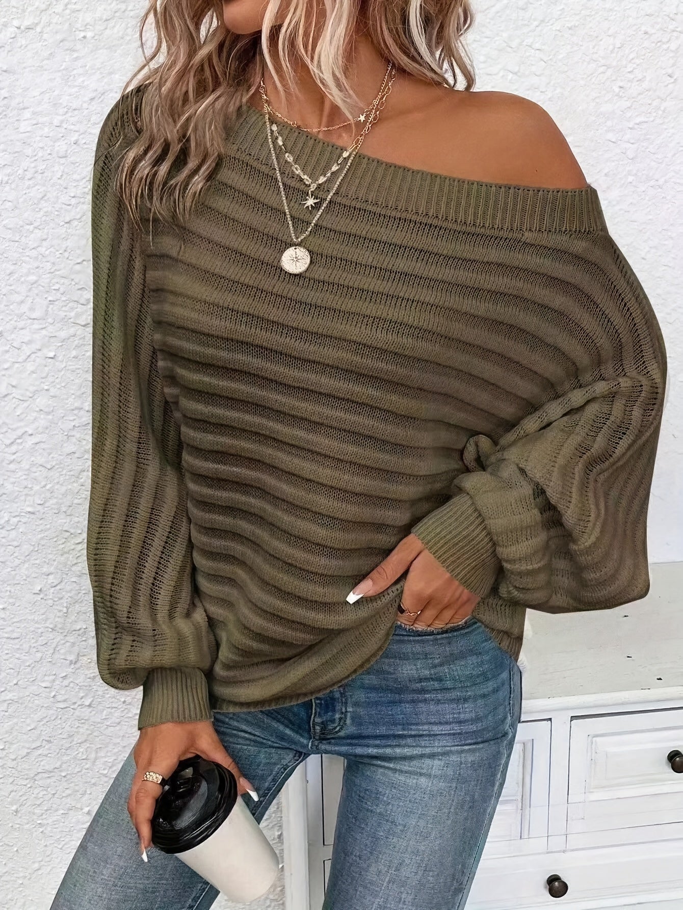 Women's Off-Shoulder Dress – Ribbed Knit Long Sleeve-74368-e505ed07-5504-4a85-a2f2-b3eef277c3e6