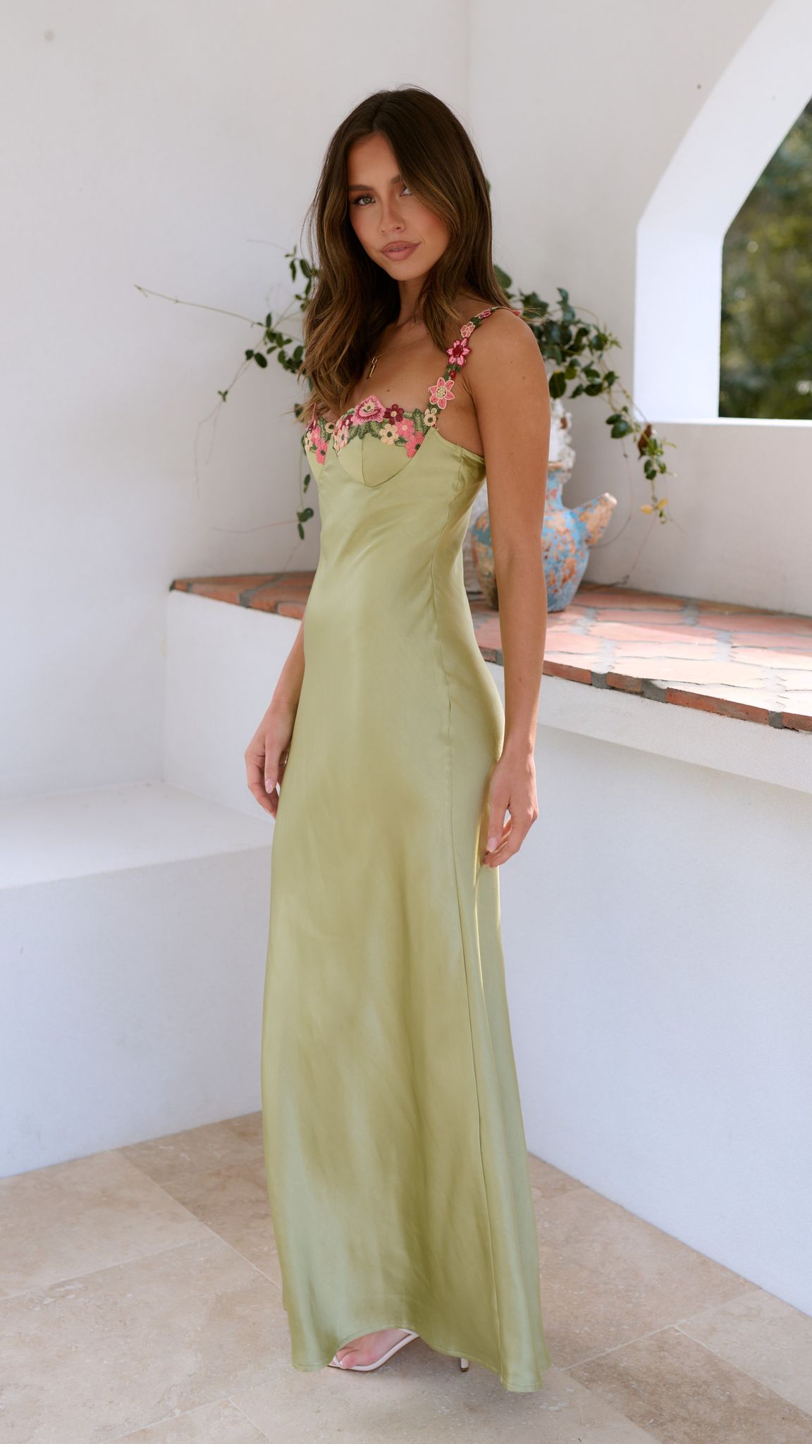 Women's Green Silk Slip Dress – Floor-Length, Embroidered Floral Straps, Fitted Bodice-83165-e8cfb000-c35e-4507-84e4-61b37092617c