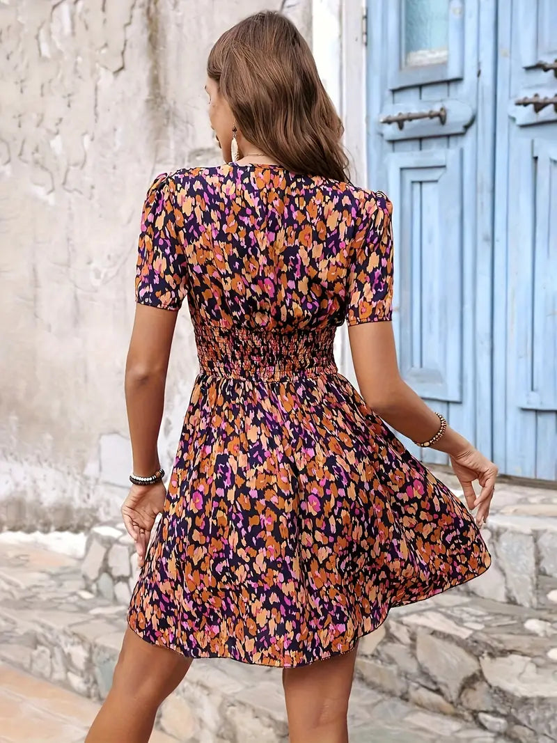 Women's Floral V-Neck Dress – Purple Polyester, Ruched Waist, Bohemian-82499-edc18d0e-2720-4ae9-9a52-c319f5a391f0