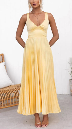 Women's Yellow Pleated Maxi Dress – V-Neck, Thin Straps, Lightweight-83170-f20a1c1f-9fd8-4b5a-bf6f-e11642a75504