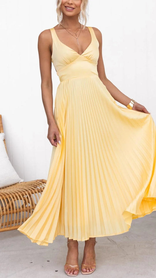 Women's Yellow Pleated Maxi Dress – V-Neck, Thin Straps, Lightweight-83170-fcbac826-d8c4-4d32-a86d-388c4e10196d