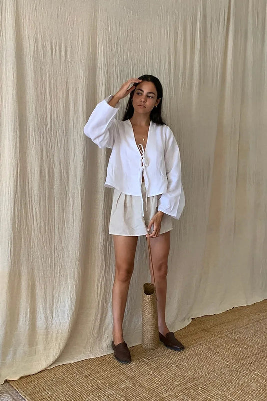 Women's Linen Two-Piece Outfit - Tie-Front Long Sleeve Top & Elastic Waist Shorts, Relaxed Fit-83296-fe80db45-ee7c-4e68-ba50-552863efcbac