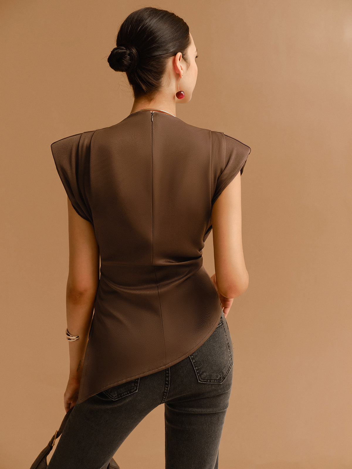 Women's Brown Satin Top – Structured Shoulders, Wrap Waist, Sleeveless-83250-ff3bff1d-7f2b-4ef8-a360-7f55f32480c7