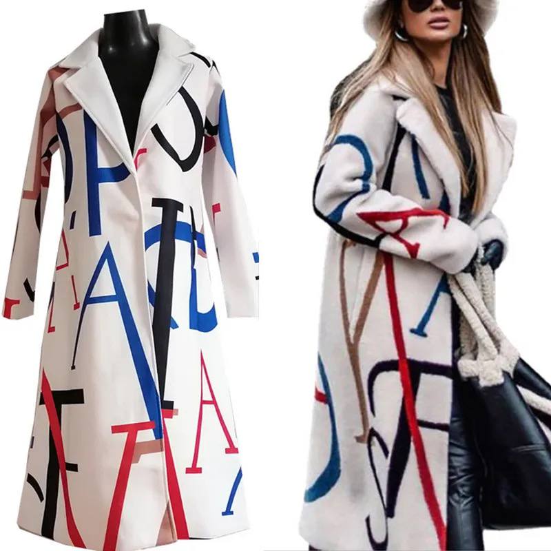 Women's Long Coat – Cream Wool Blend, Bold Lettering, Relaxed Fit-55072-59499662082391